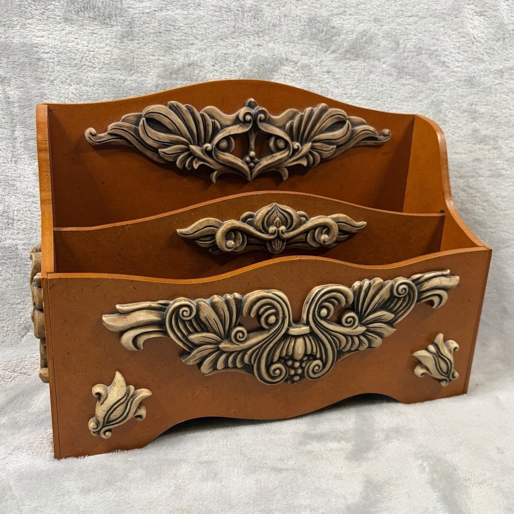 Vtg Wood 2 Slot Letter Holder Desk Organizer Ornate Baroque Scrollwork Mail